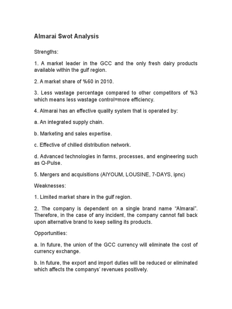 1. conduct a swot analysis for almarai based on the information given. nadec swot analysis